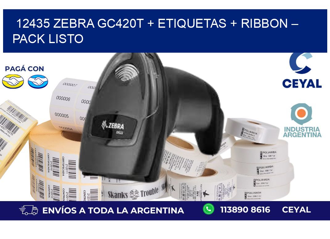 12435 Zebra GC420T + Etiquetas + Ribbon – Pack Listo