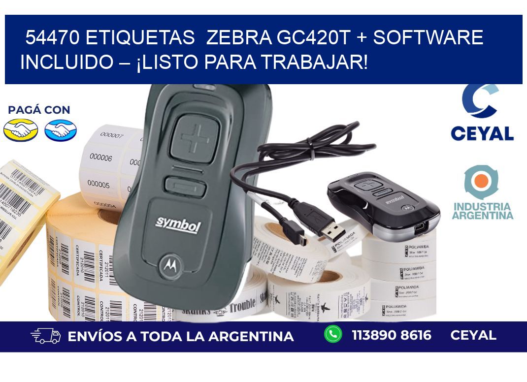 54470 etiquetas  Zebra GC420T + Software Incluido – ¡Listo Para Trabajar!