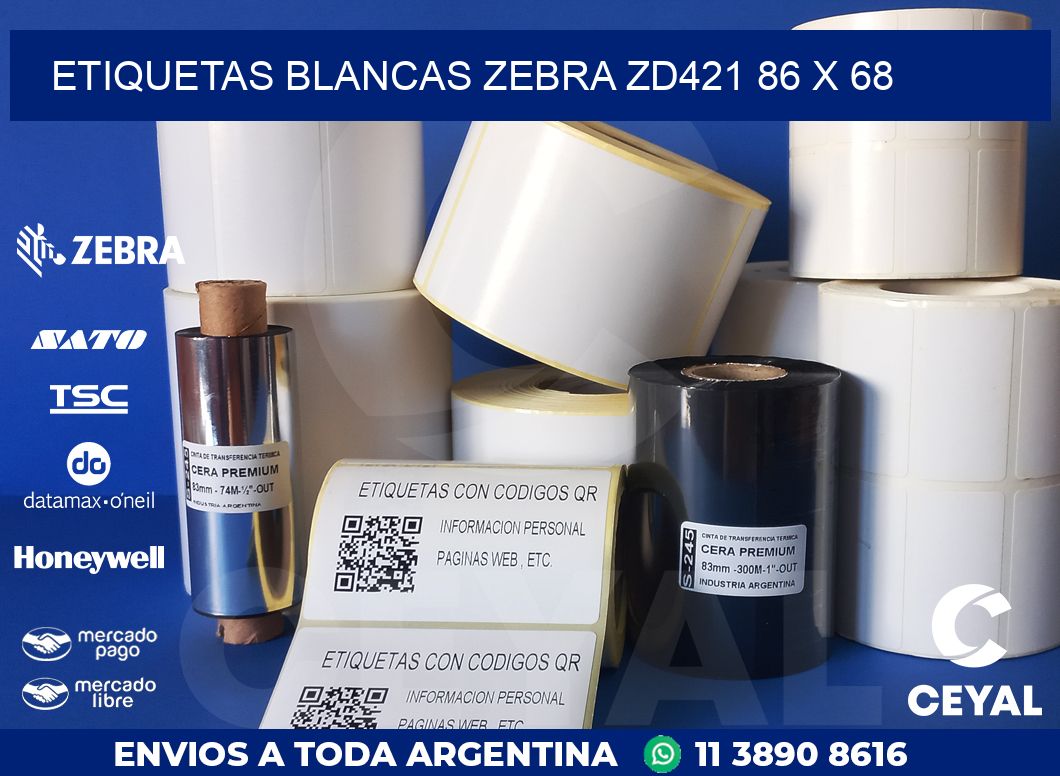 ETIQUETAS BLANCAS ZEBRA ZD421 86 x 68
