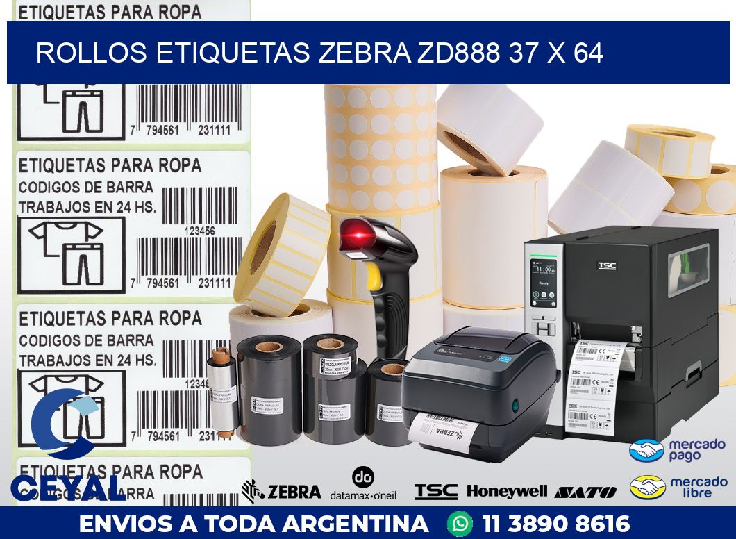 ROLLOS ETIQUETAS Zebra ZD888 37 x 64
