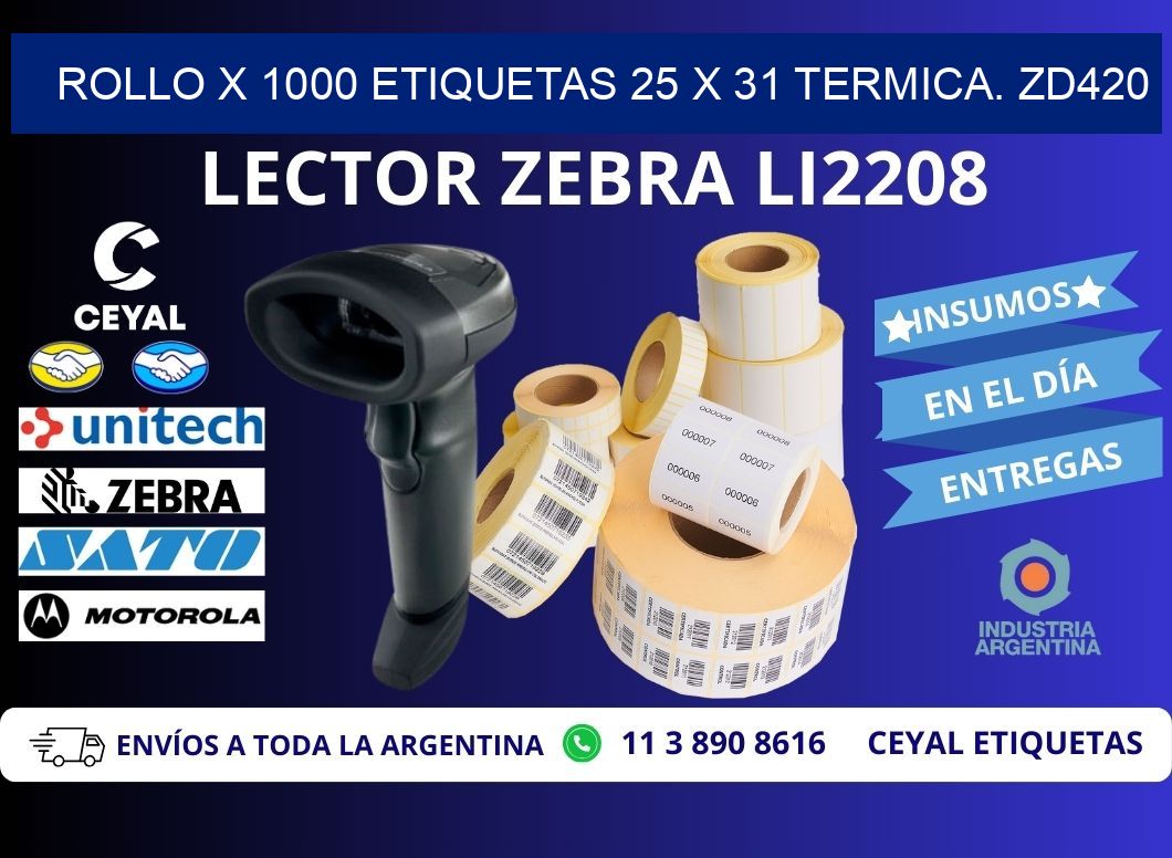 Rollo X 1000 etiquetas 25 x 31 termica. zd420