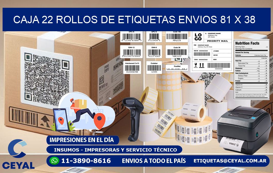 CAJA 22 ROLLOS DE ETIQUETAS ENVIOS 81 x 38