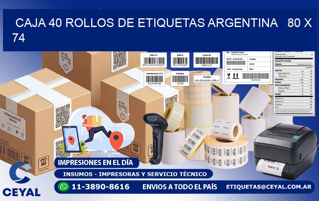 CAJA 40 ROLLOS DE ETIQUETAS ARGENTINA   80 x 74