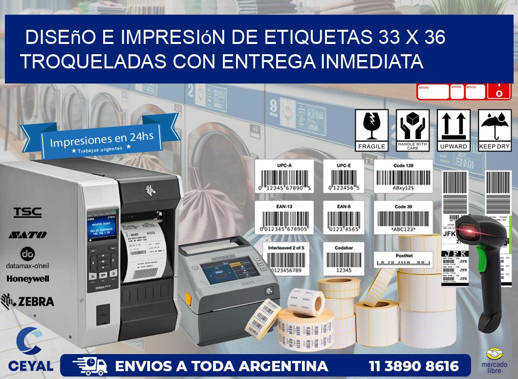 Diseño e impresión de etiquetas 33 x 36 troqueladas con entrega inmediata