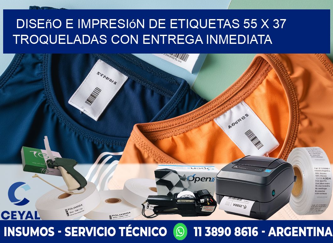 Diseño e impresión de etiquetas 55 x 37 troqueladas con entrega inmediata