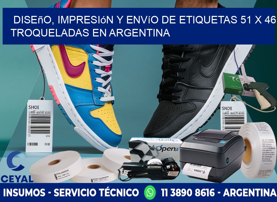 Diseño, impresión y envío de etiquetas 51 x 46 troqueladas en Argentina
