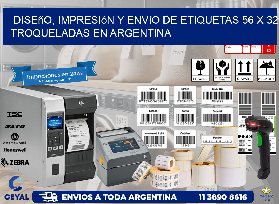 Diseño, impresión y envío de etiquetas 56 x 32 troqueladas en Argentina