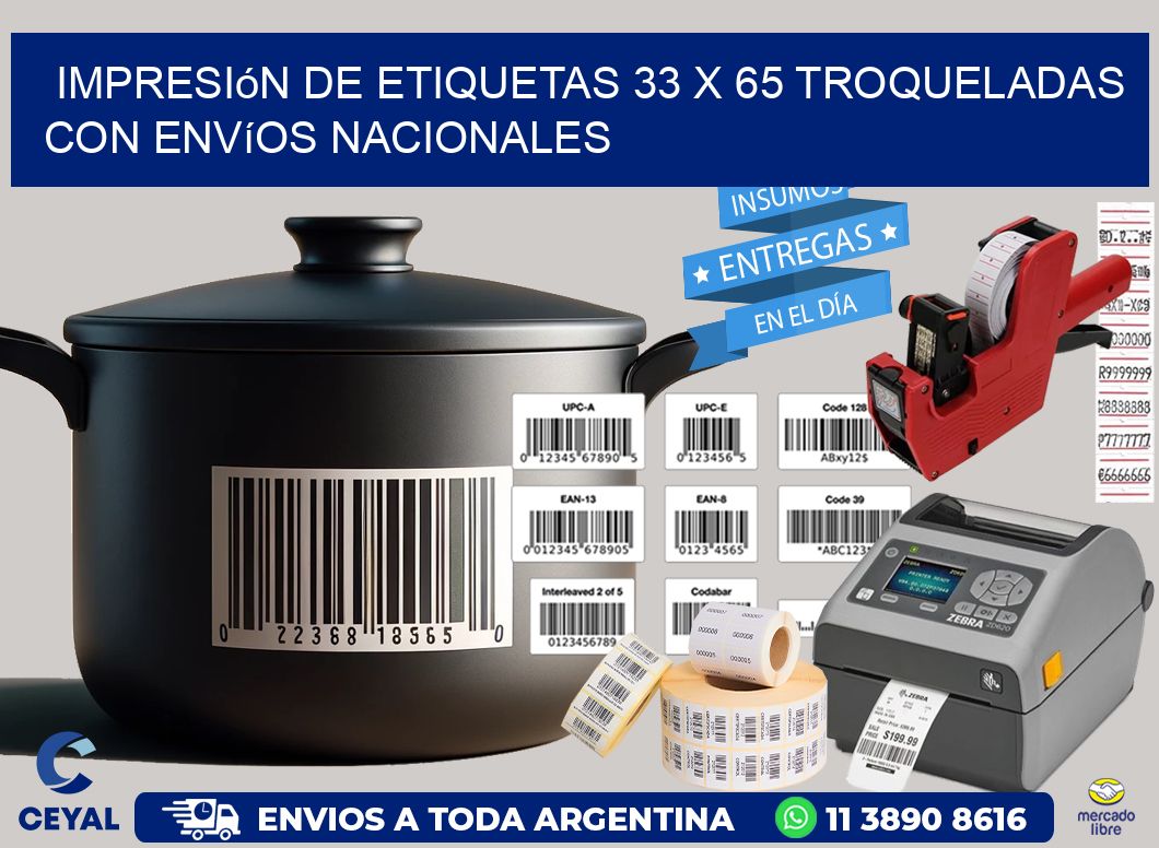 Impresión de etiquetas 33 x 65 troqueladas con envíos nacionales