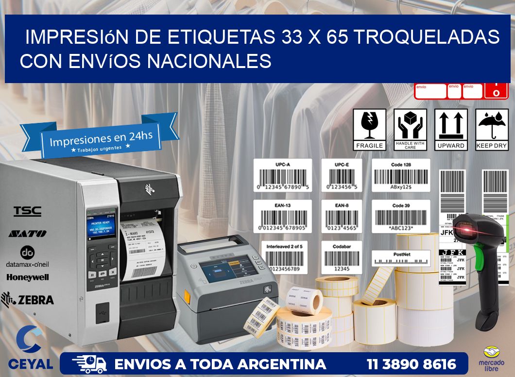 Impresión de etiquetas 33 x 65 troqueladas con envíos nacionales