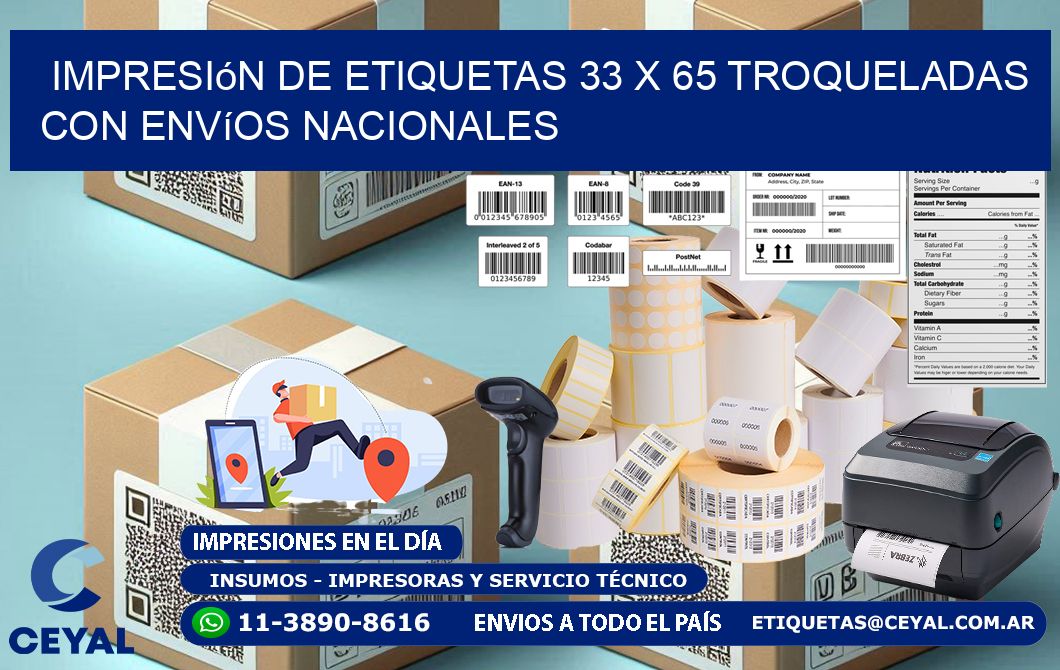 Impresión de etiquetas 33 x 65 troqueladas con envíos nacionales