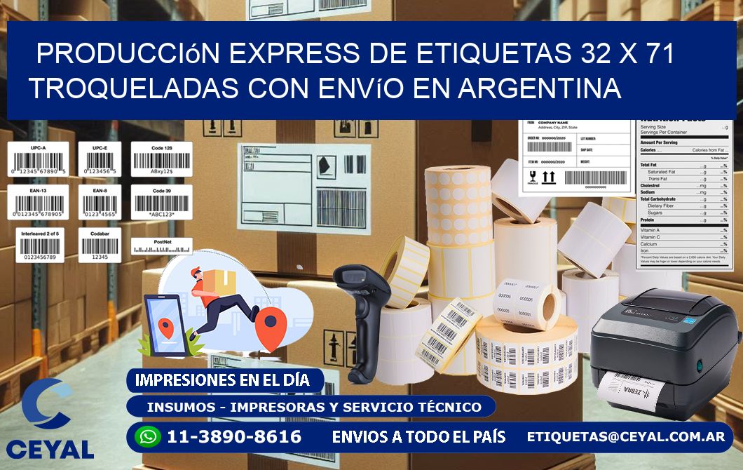 Producción express de etiquetas 32 x 71 troqueladas con envío en Argentina