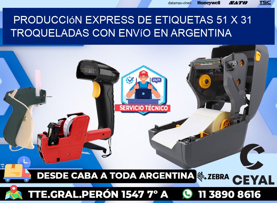 Producción express de etiquetas 51 x 31 troqueladas con envío en Argentina