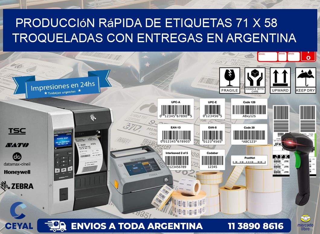 Producción rápida de etiquetas 71 x 58 troqueladas con entregas en Argentina