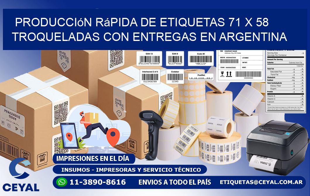 Producción rápida de etiquetas 71 x 58 troqueladas con entregas en Argentina