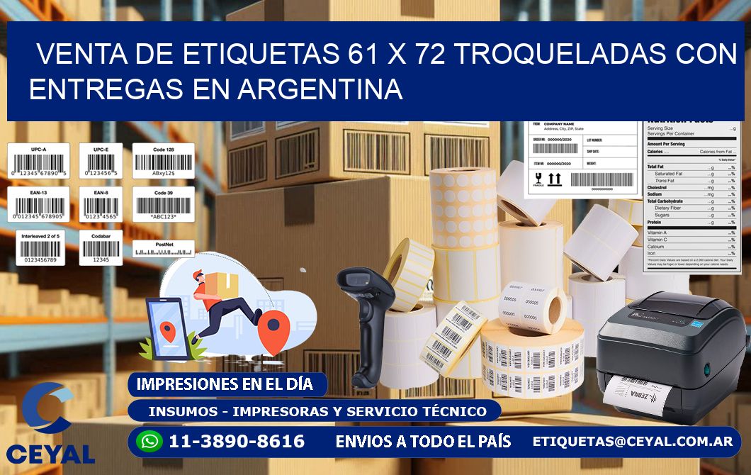 Venta de etiquetas 61 x 72 troqueladas con entregas en Argentina