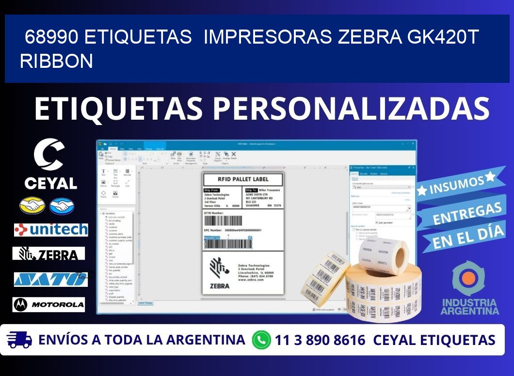 68990 Etiquetas  impresoras zebra gk420t ribbon