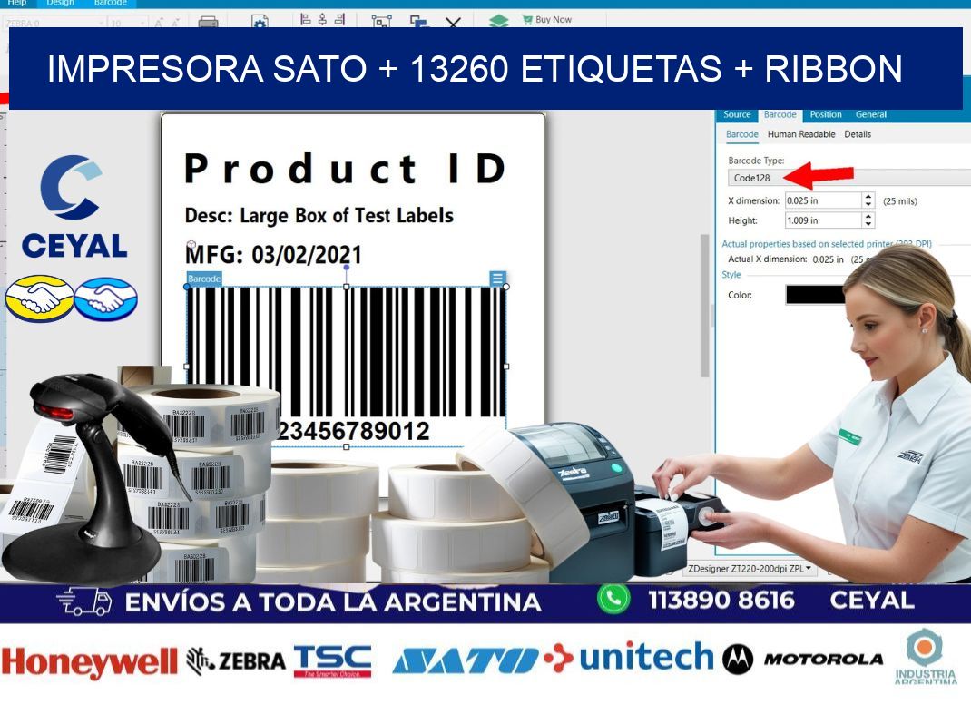 impresora SATO + 13260 etiquetas + ribbon