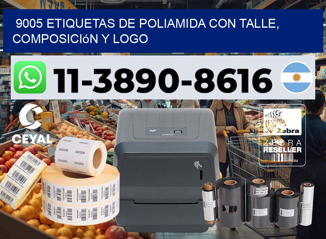 9005 Etiquetas de poliamida con talle, composición y logo