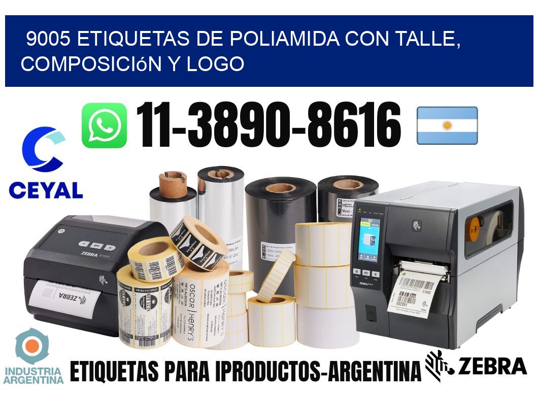 9005 Etiquetas de poliamida con talle, composición y logo