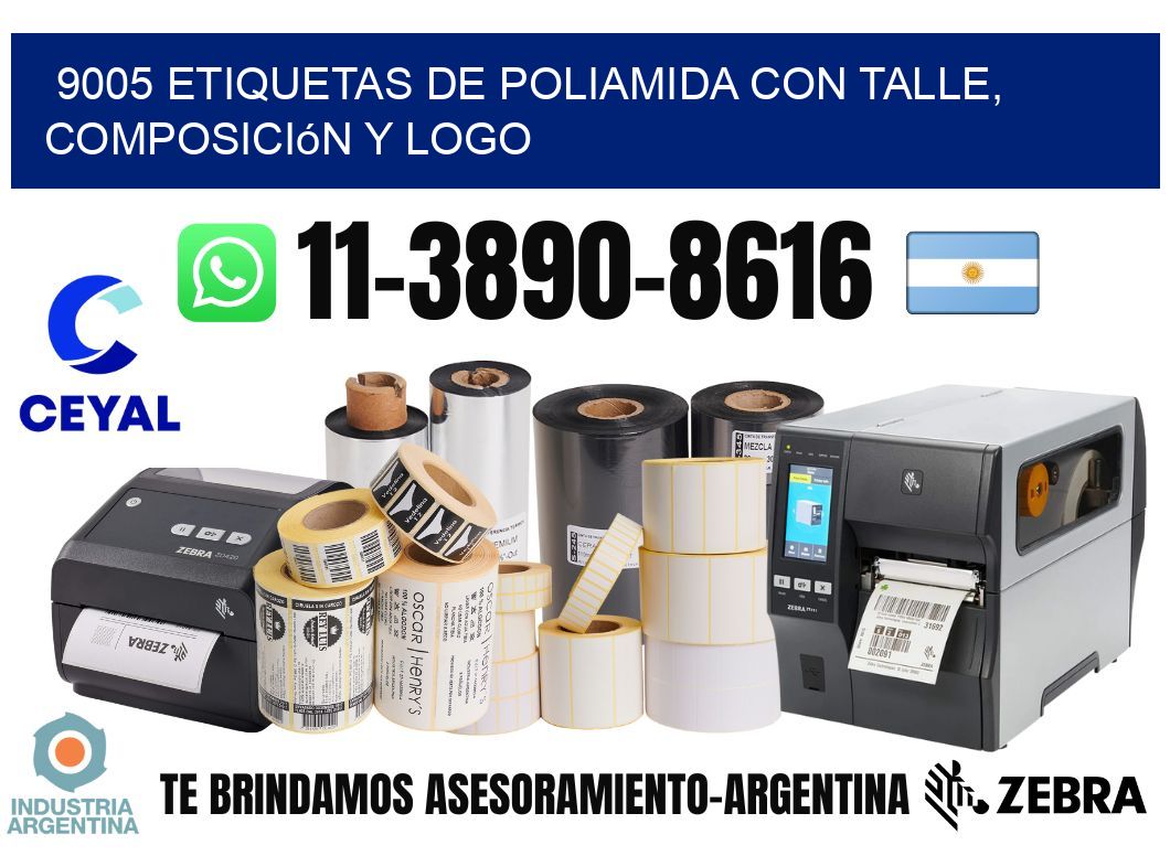 9005 Etiquetas de poliamida con talle, composición y logo