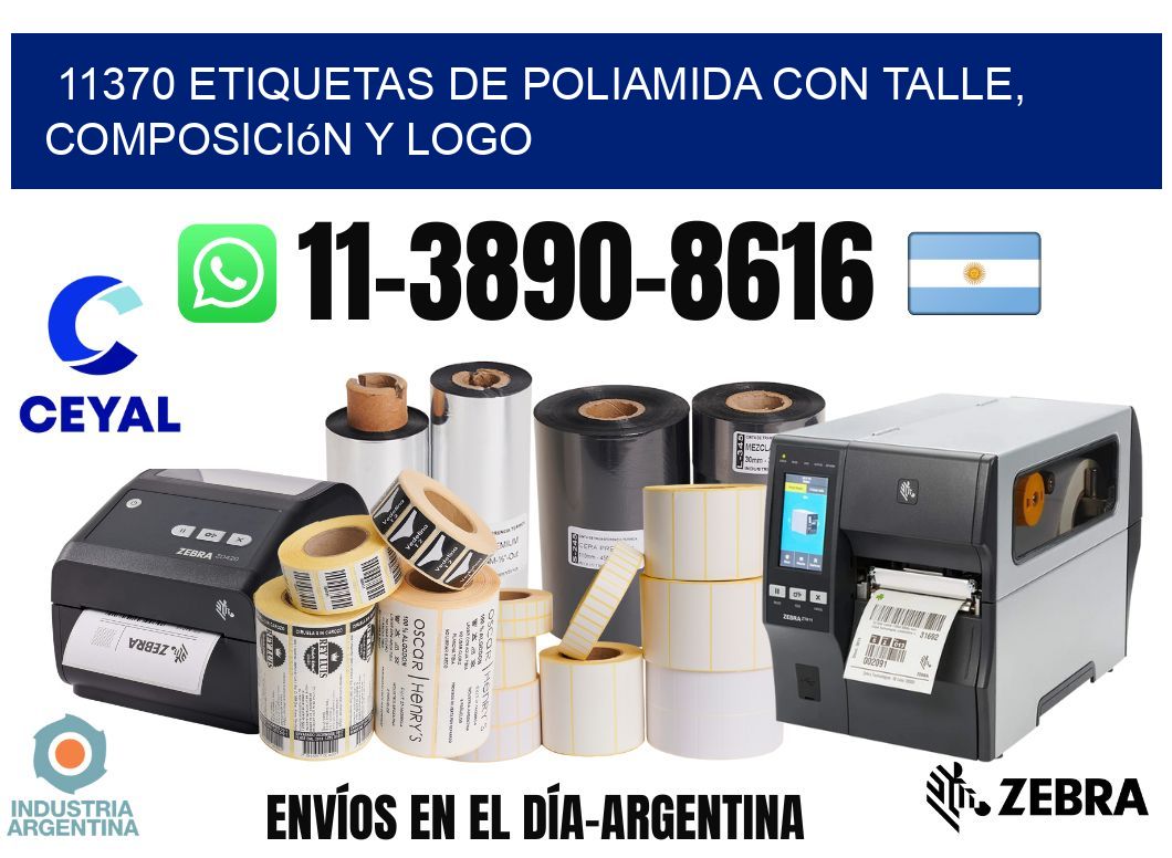 11370 Etiquetas de poliamida con talle, composición y logo