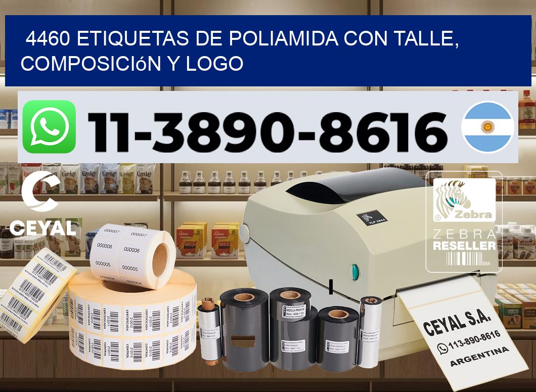 4460 Etiquetas de poliamida con talle, composición y logo