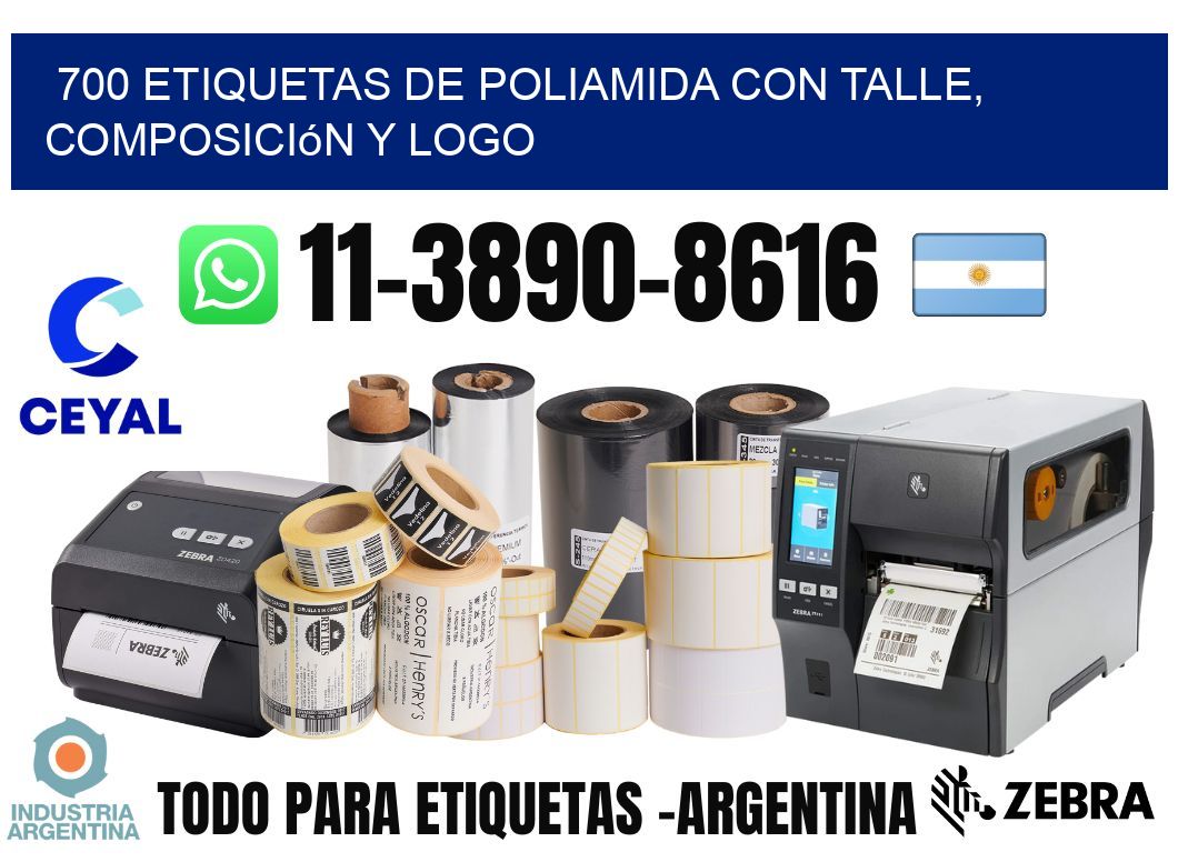 700 Etiquetas de poliamida con talle, composición y logo