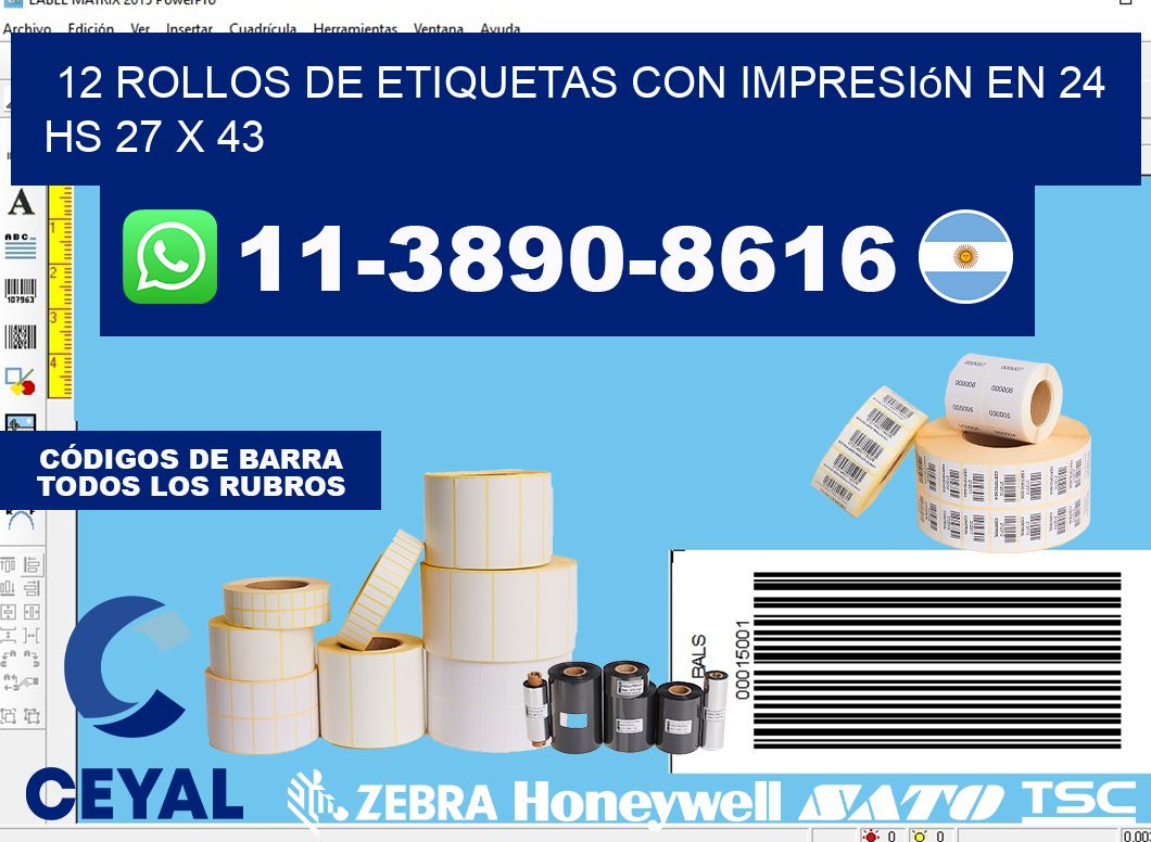 12 rollos de etiquetas con impresión en 24 hs 27 x 43