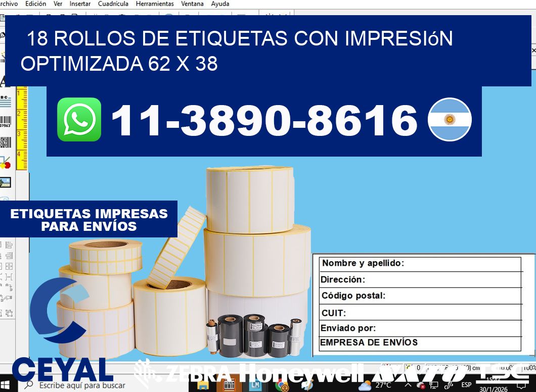 18 rollos de etiquetas con impresión optimizada 62 x 38