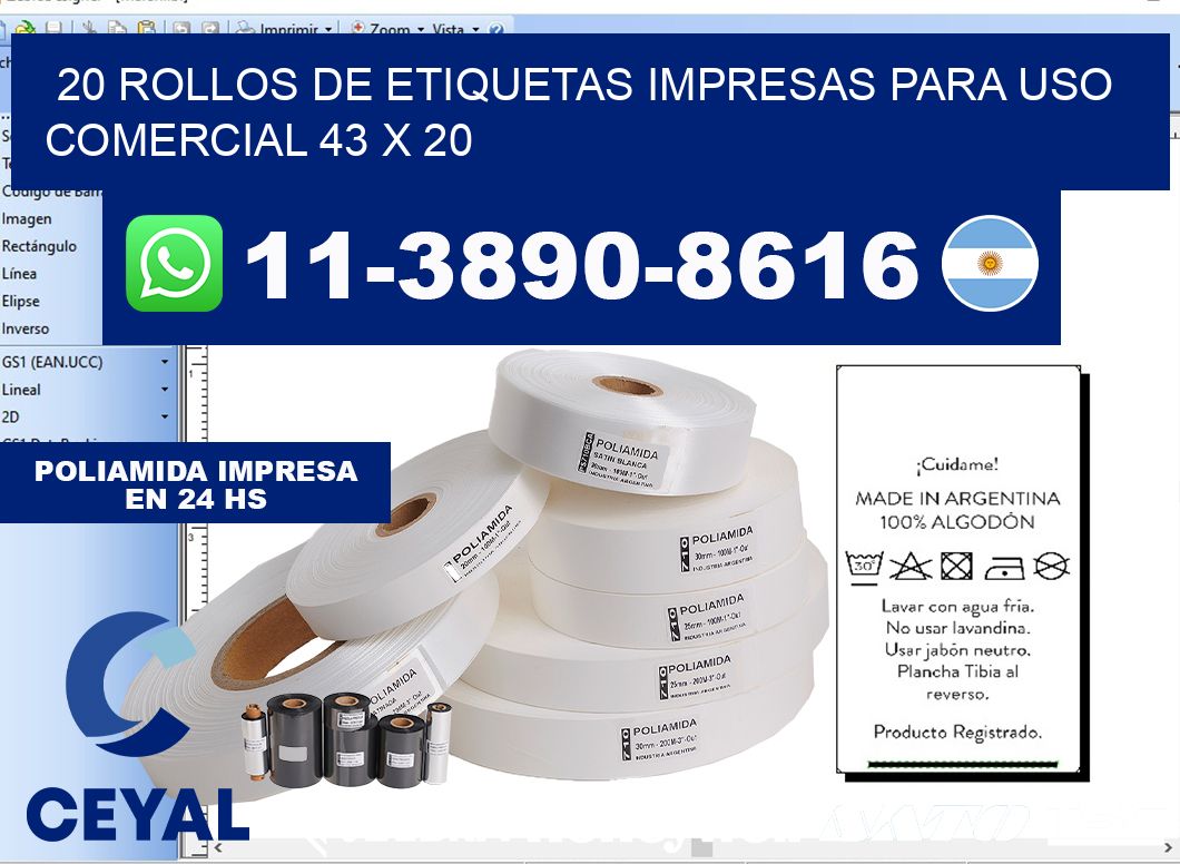20 rollos de etiquetas impresas para uso comercial 43 x 20