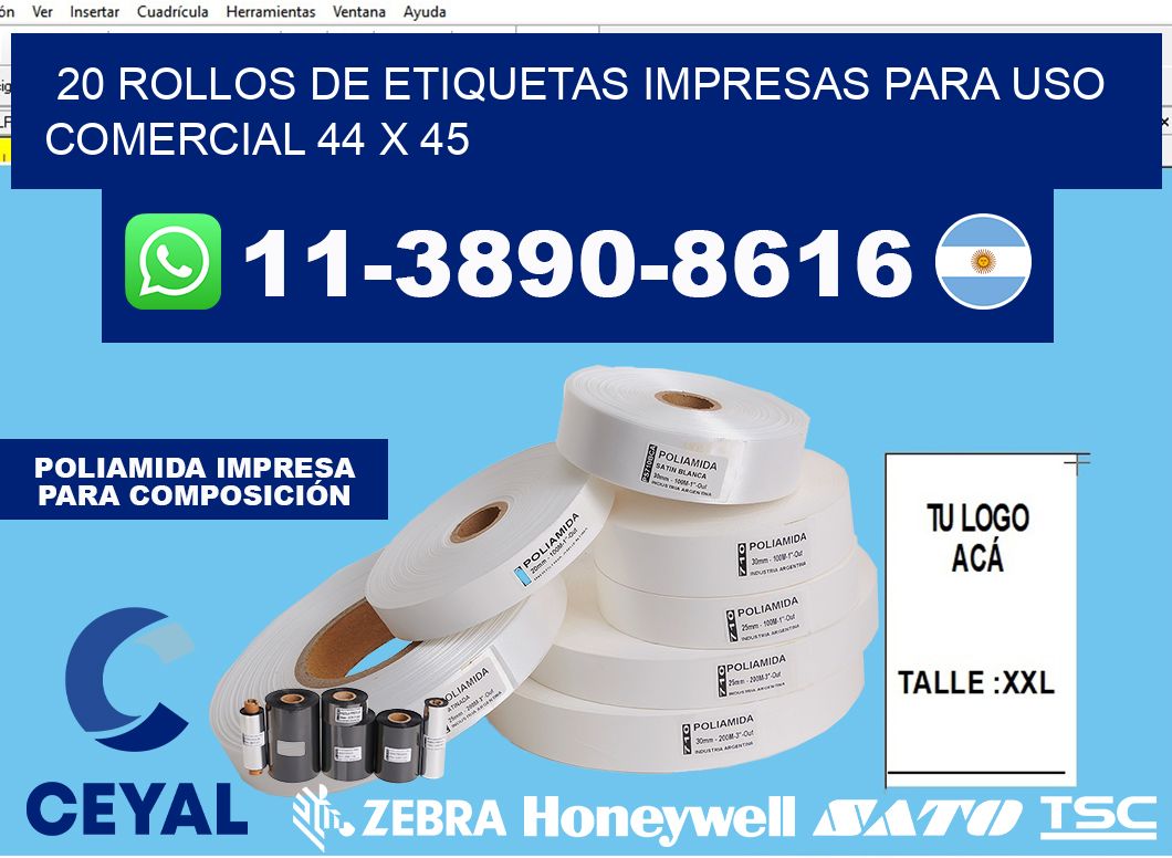 20 rollos de etiquetas impresas para uso comercial 44 x 45