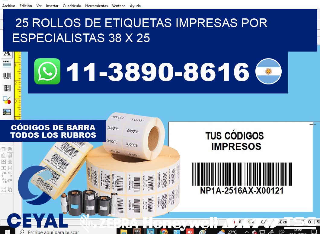 25 rollos de etiquetas impresas por especialistas 38 x 25