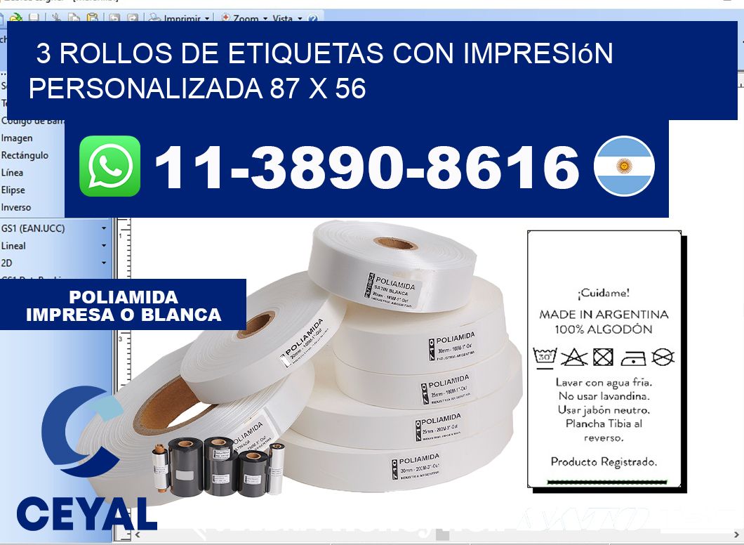 3 rollos de etiquetas con impresión personalizada 87 x 56