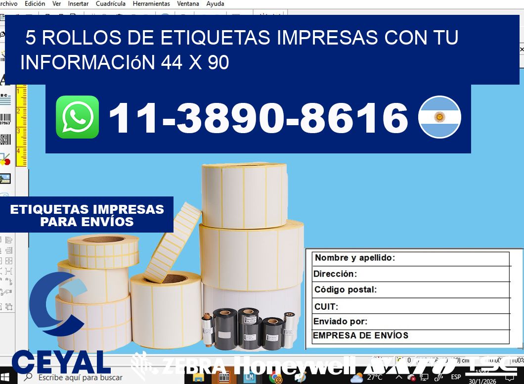 5 rollos de etiquetas impresas con tu información 44 x 90
