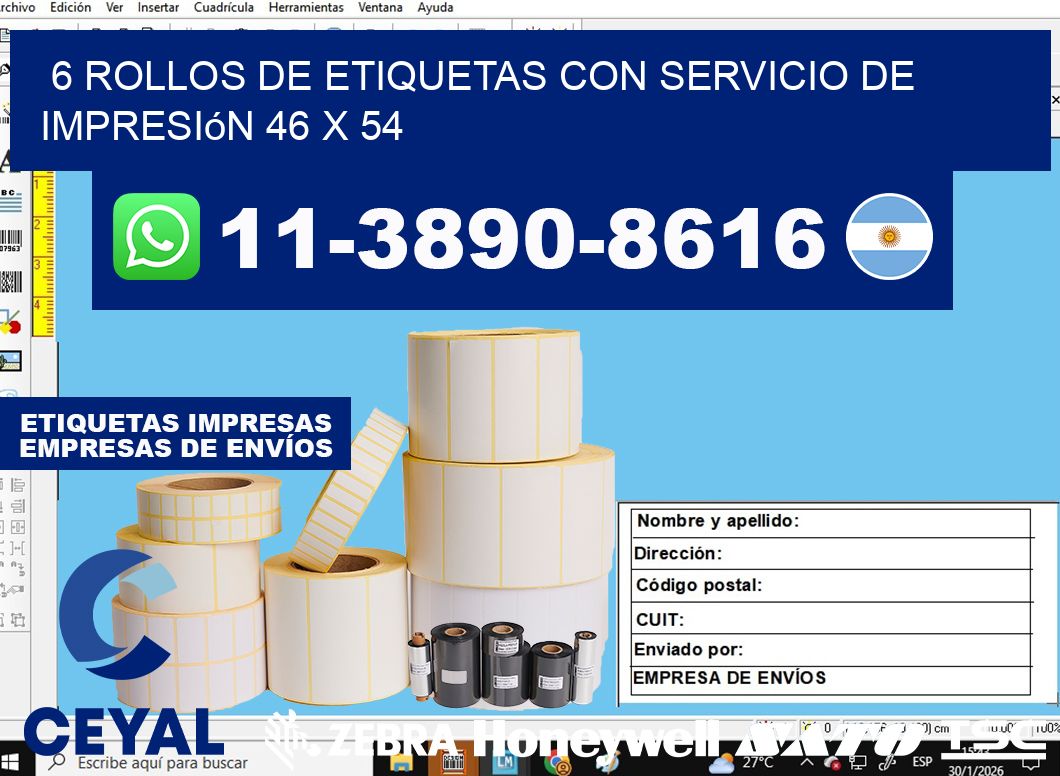 6 rollos de etiquetas con servicio de impresión 46 x 54