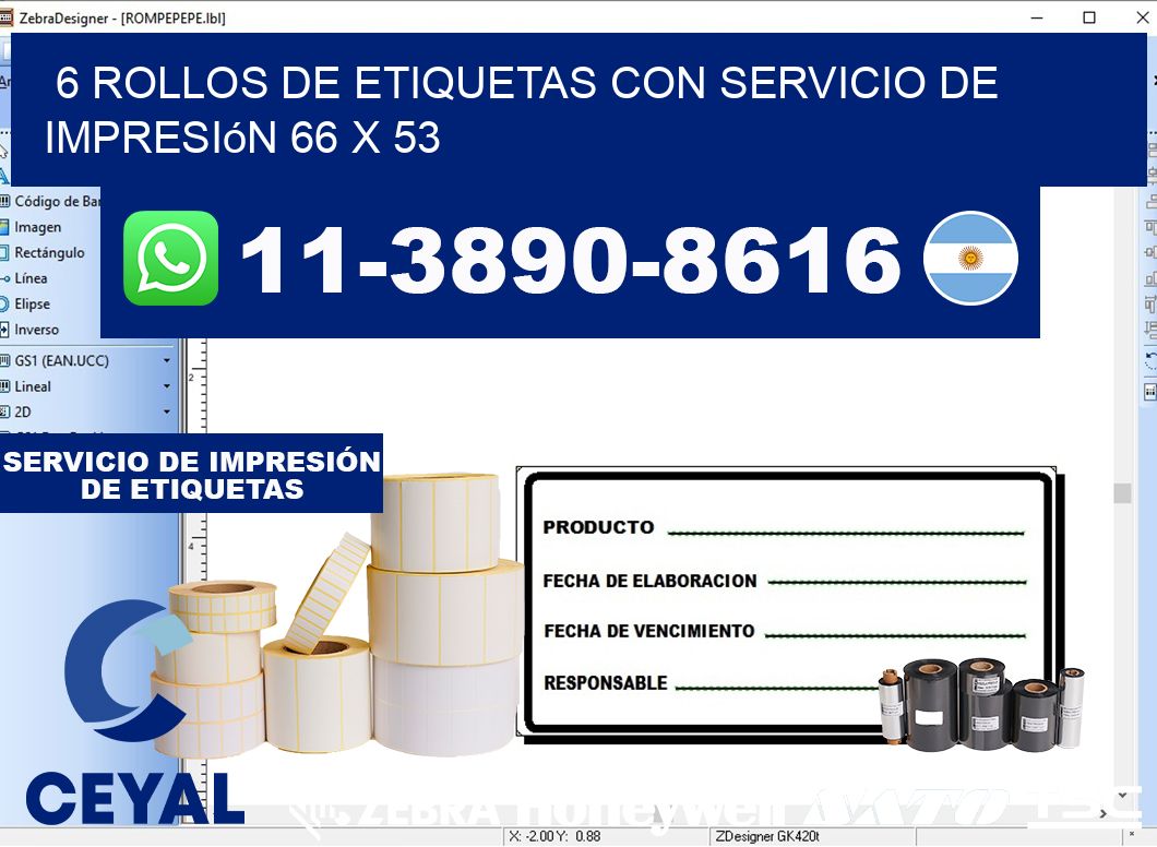 6 rollos de etiquetas con servicio de impresión 66 x 53