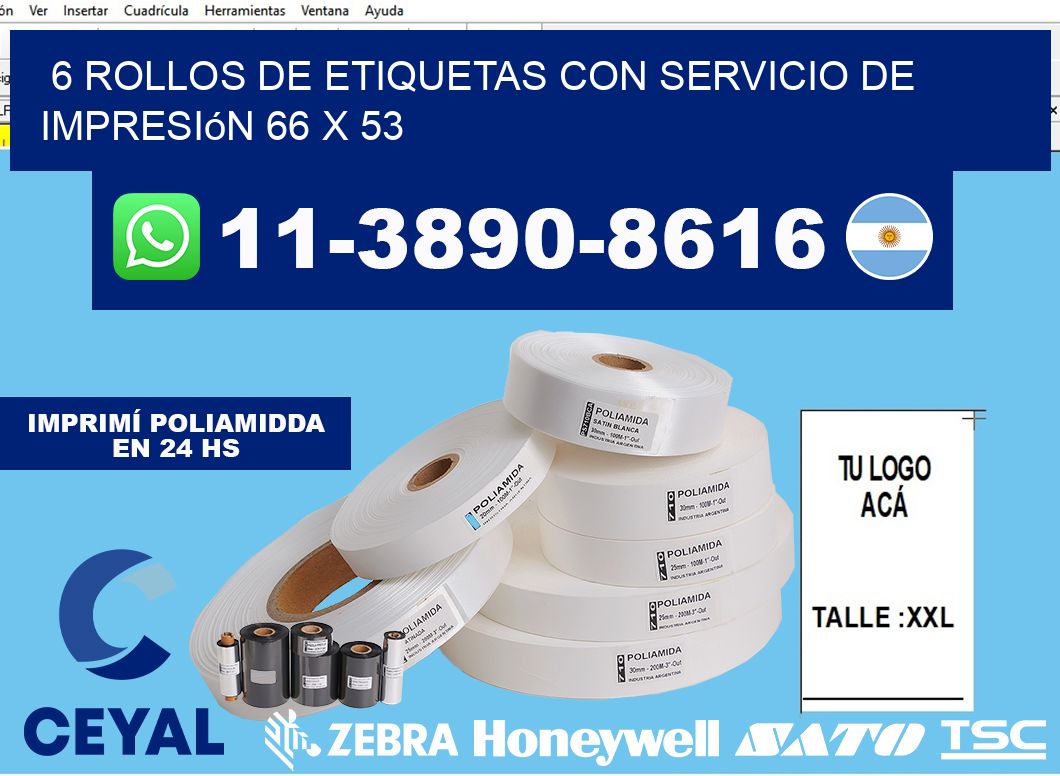 6 rollos de etiquetas con servicio de impresión 66 x 53