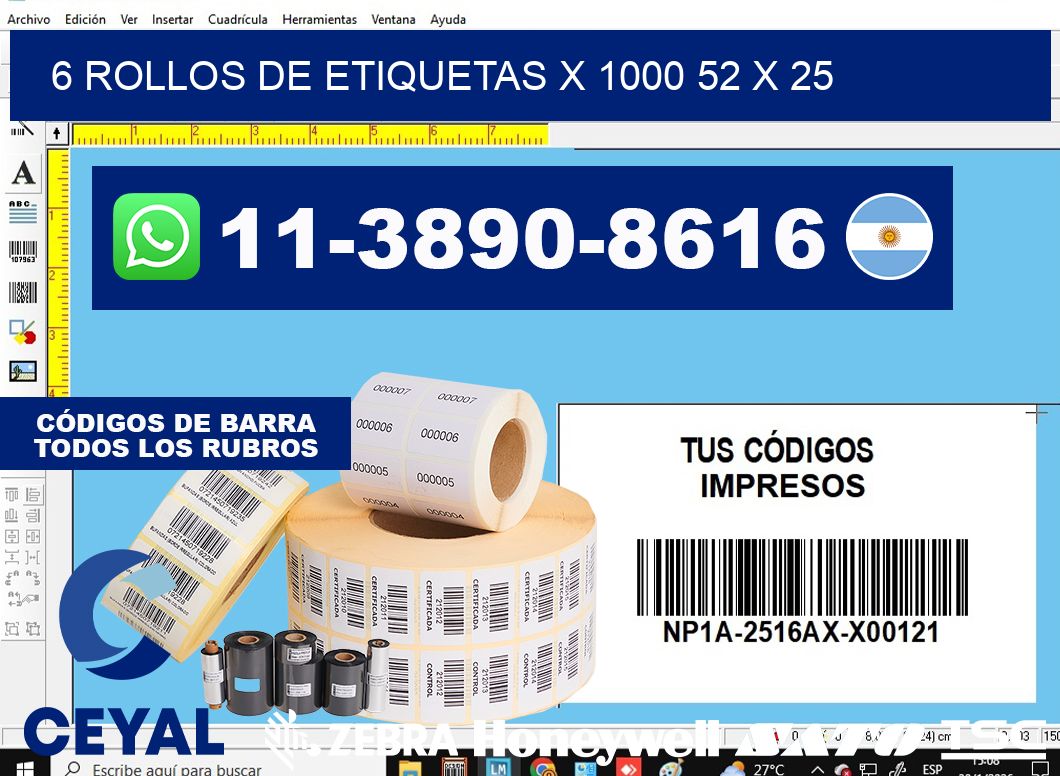 6 rollos de etiquetas x 1000 52 x 25
