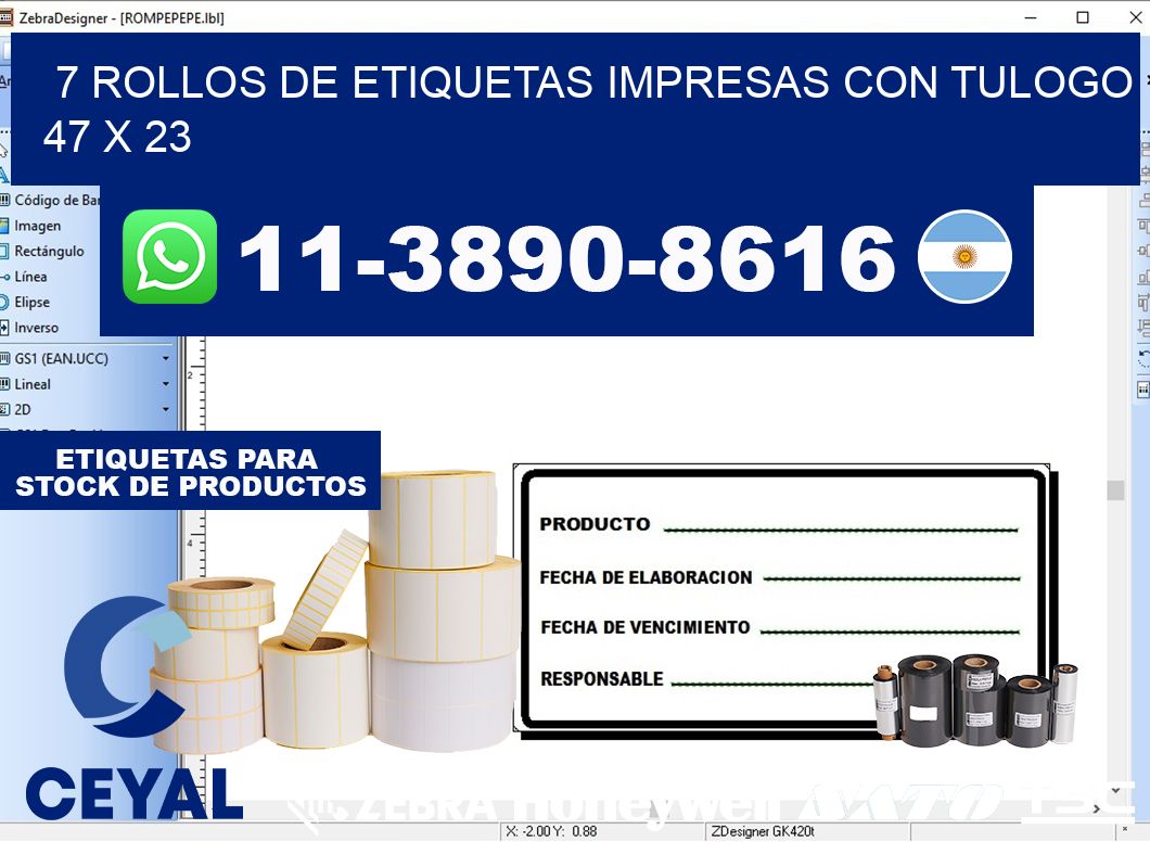 7 rollos de etiquetas impresas con tulogo 47 x 23