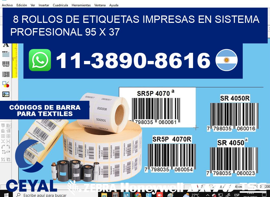 8 rollos de etiquetas impresas en sistema profesional 95 x 37